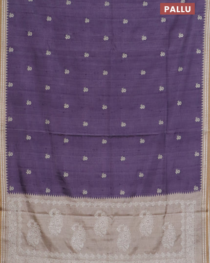 Art tussar saree lavender and beige with embroidery buttas and temple design thread woven border