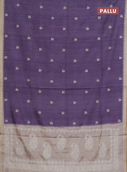 Art tussar saree lavender and beige with embroidery buttas and temple design thread woven border