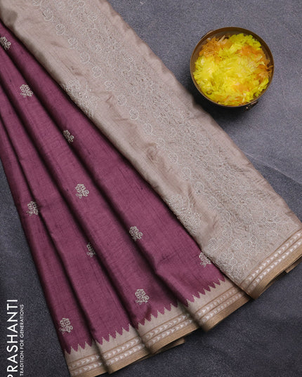 Art tussar saree wine shade and beige with embroidery buttas and temple design thread woven border