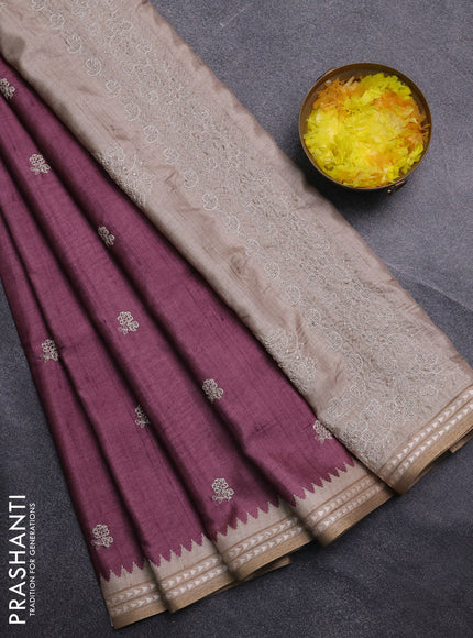Art tussar saree wine shade and beige with embroidery buttas and temple design thread woven border