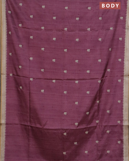 Art tussar saree wine shade and beige with embroidery buttas and temple design thread woven border