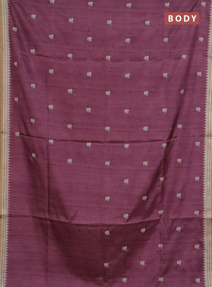 Art tussar saree wine shade and beige with embroidery buttas and temple design thread woven border