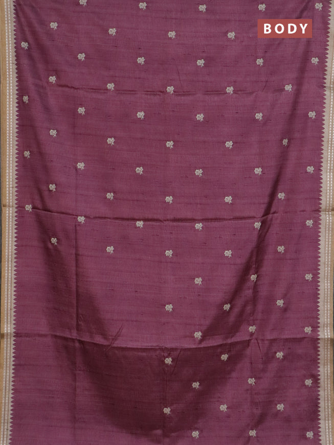 Art tussar saree wine shade and beige with embroidery buttas and temple design thread woven border