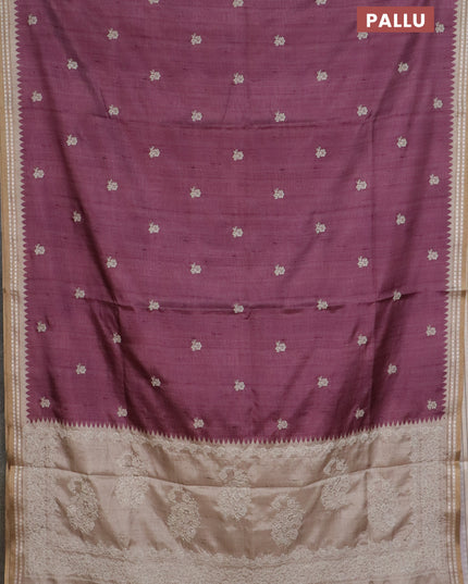 Art tussar saree wine shade and beige with embroidery buttas and temple design thread woven border