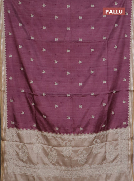 Art tussar saree wine shade and beige with embroidery buttas and temple design thread woven border