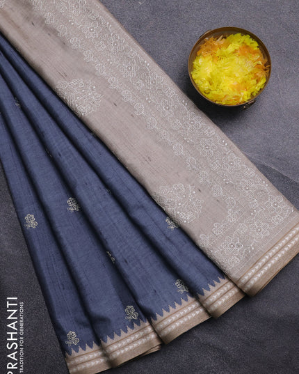 Art tussar saree grey and beige with embroidery buttas and temple design thread woven border
