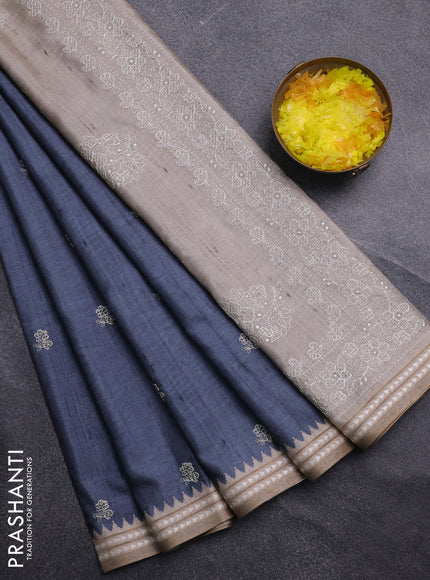 Art tussar saree grey and beige with embroidery buttas and temple design thread woven border
