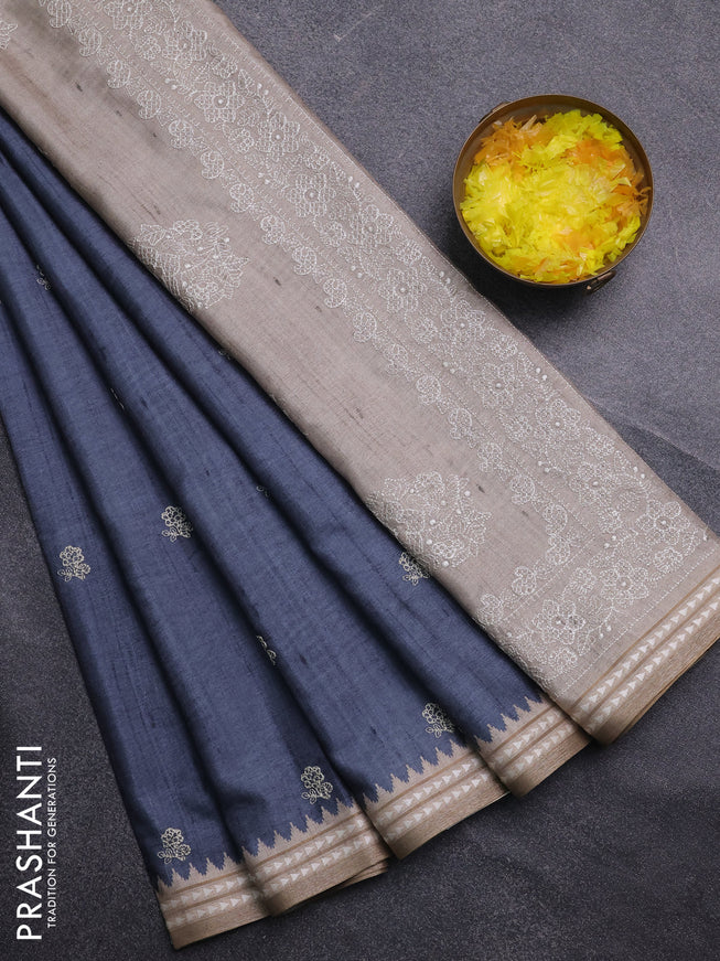 Art tussar saree grey and beige with embroidery buttas and temple design thread woven border