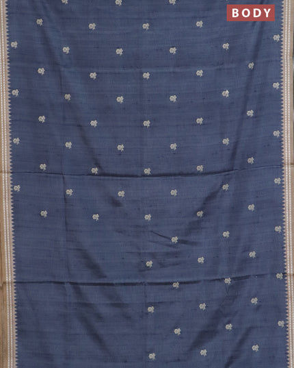 Art tussar saree grey and beige with embroidery buttas and temple design thread woven border