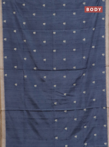 Art tussar saree grey and beige with embroidery buttas and temple design thread woven border