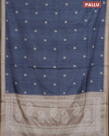 Art tussar saree grey and beige with embroidery buttas and temple design thread woven border