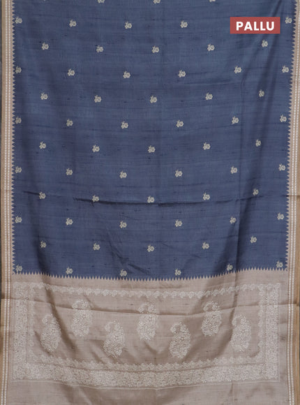 Art tussar saree grey and beige with embroidery buttas and temple design thread woven border