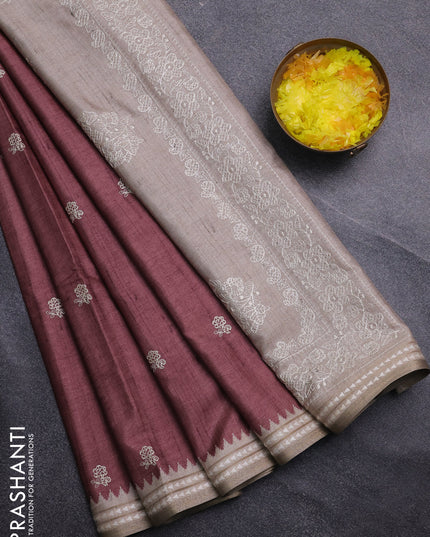Art tussar saree pastel maroon and beige with embroidery buttas and temple design thread woven border