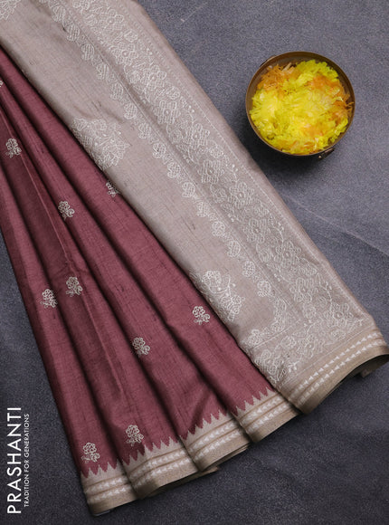 Art tussar saree pastel maroon and beige with embroidery buttas and temple design thread woven border
