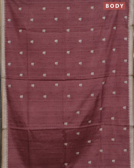 Art tussar saree pastel maroon and beige with embroidery buttas and temple design thread woven border