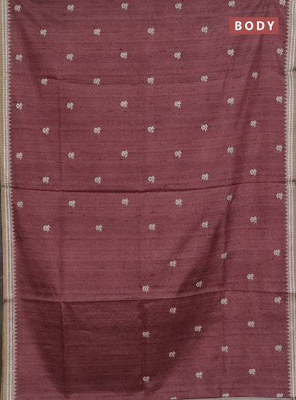 Art tussar saree pastel maroon and beige with embroidery buttas and temple design thread woven border