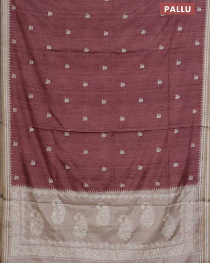 Art tussar saree pastel maroon and beige with embroidery buttas and temple design thread woven border