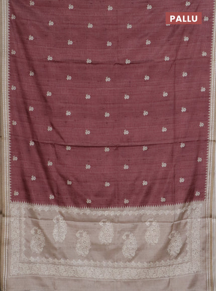 Art tussar saree pastel maroon and beige with embroidery buttas and temple design thread woven border