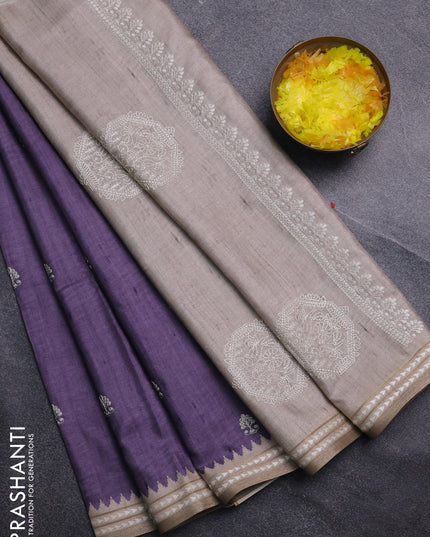 Art tussar saree pastel purple and beige with embroidery buttas and temple design thread woven border