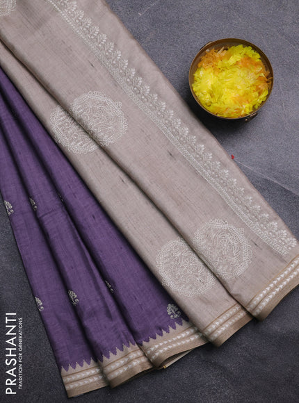 Art tussar saree pastel purple and beige with embroidery buttas and temple design thread woven border