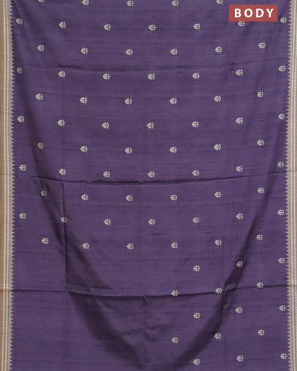 Art tussar saree pastel purple and beige with embroidery buttas and temple design thread woven border