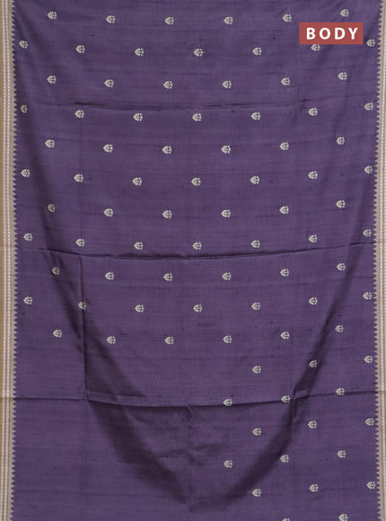 Art tussar saree pastel purple and beige with embroidery buttas and temple design thread woven border