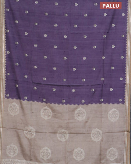 Art tussar saree pastel purple and beige with embroidery buttas and temple design thread woven border