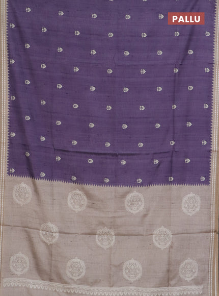 Art tussar saree pastel purple and beige with embroidery buttas and temple design thread woven border