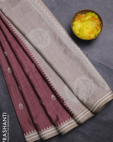Art tussar saree pastel maroon and beige with embroidery buttas and temple design thread woven border