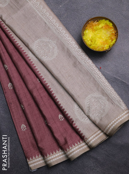 Art tussar saree pastel maroon and beige with embroidery buttas and temple design thread woven border