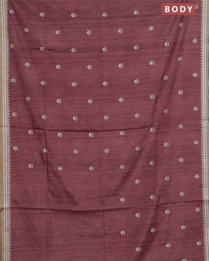 Art tussar saree pastel maroon and beige with embroidery buttas and temple design thread woven border