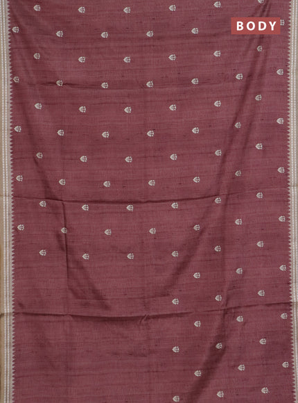Art tussar saree pastel maroon and beige with embroidery buttas and temple design thread woven border