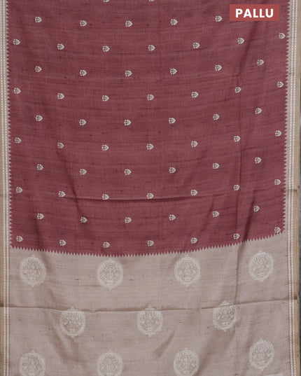 Art tussar saree pastel maroon and beige with embroidery buttas and temple design thread woven border