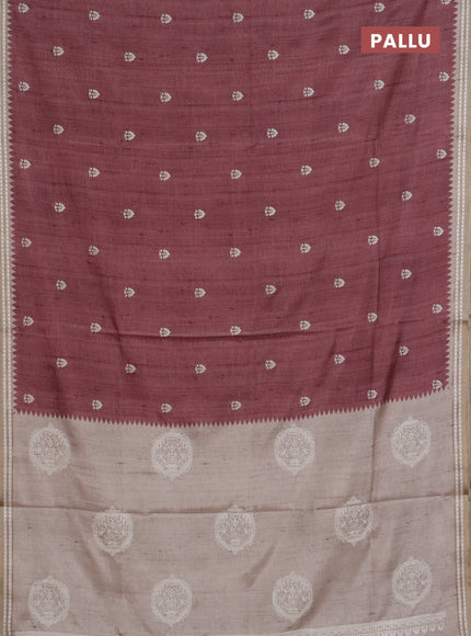 Art tussar saree pastel maroon and beige with embroidery buttas and temple design thread woven border