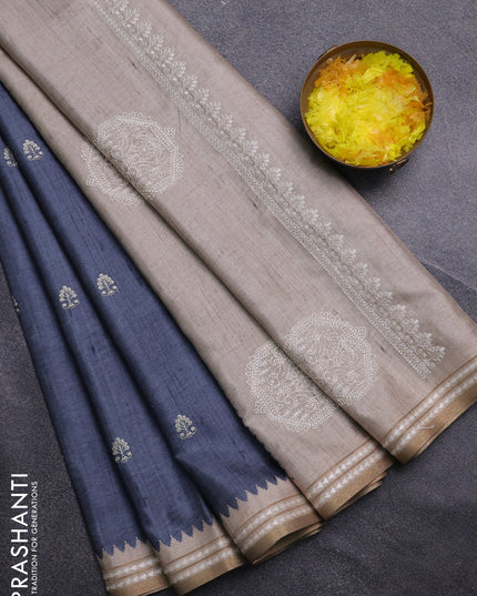 Art tussar saree grey and beige with embroidery buttas and temple design thread woven border