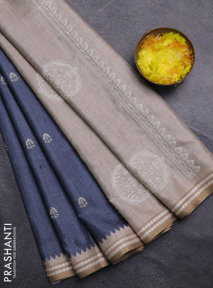 Art tussar saree grey and beige with embroidery buttas and temple design thread woven border