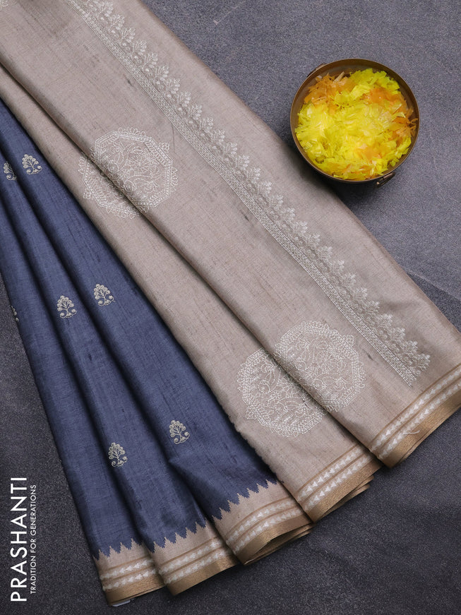 Art tussar saree grey and beige with embroidery buttas and temple design thread woven border