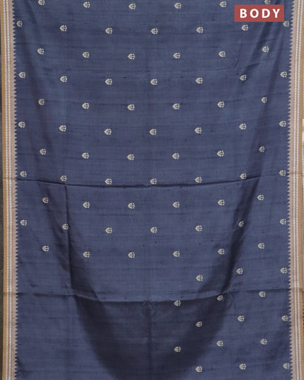 Art tussar saree grey and beige with embroidery buttas and temple design thread woven border