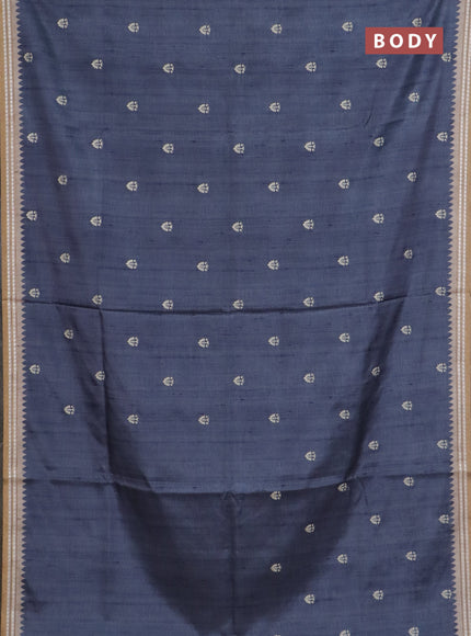 Art tussar saree grey and beige with embroidery buttas and temple design thread woven border