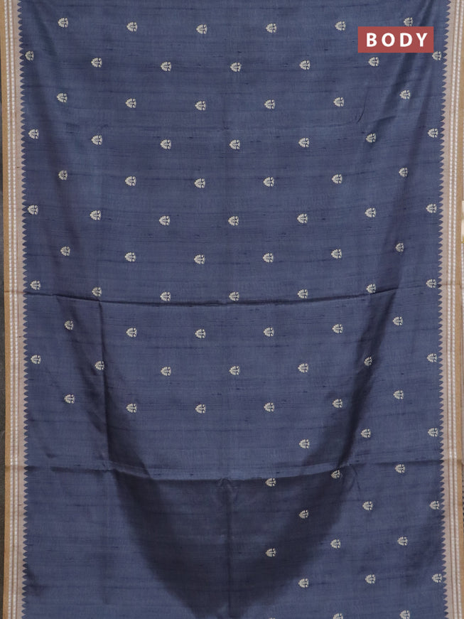 Art tussar saree grey and beige with embroidery buttas and temple design thread woven border