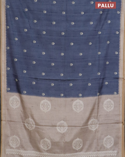 Art tussar saree grey and beige with embroidery buttas and temple design thread woven border
