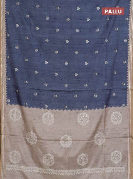 Art tussar saree grey and beige with embroidery buttas and temple design thread woven border