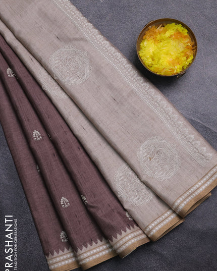 Art tussar saree brown and beige with embroidery buttas and temple design thread woven border