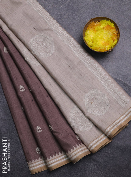 Art tussar saree brown and beige with embroidery buttas and temple design thread woven border
