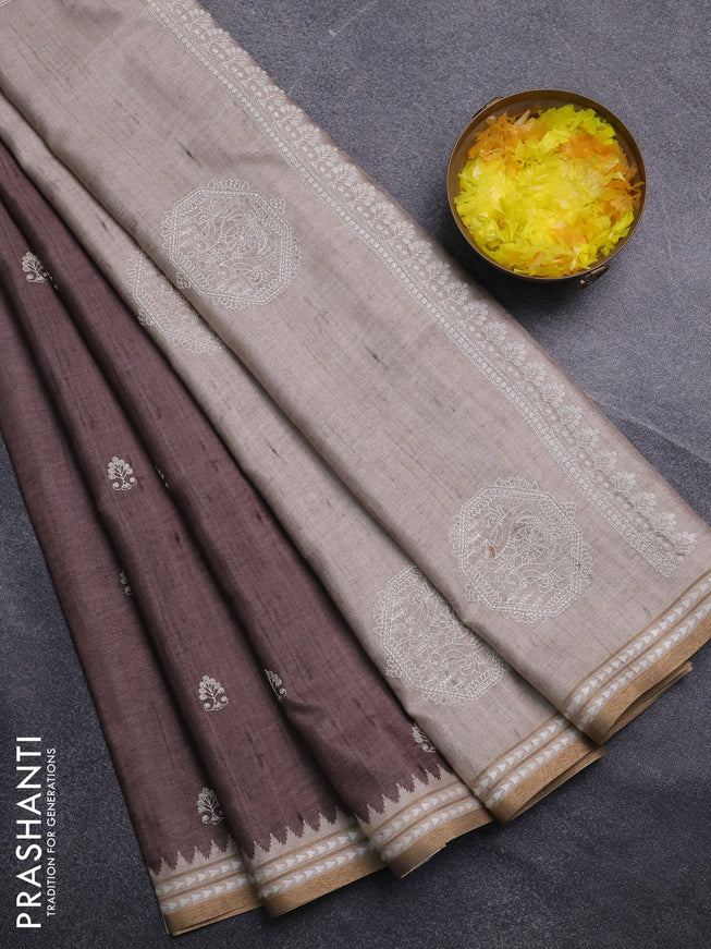 Art tussar saree brown and beige with embroidery buttas and temple design thread woven border