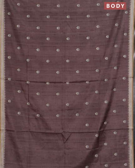 Art tussar saree brown and beige with embroidery buttas and temple design thread woven border