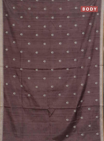 Art tussar saree brown and beige with embroidery buttas and temple design thread woven border
