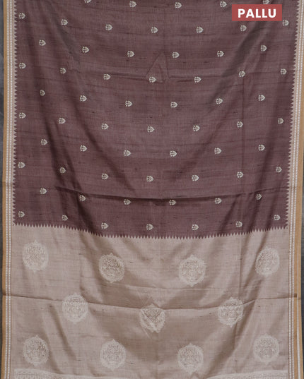 Art tussar saree brown and beige with embroidery buttas and temple design thread woven border