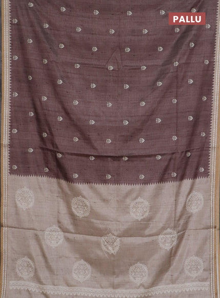 Art tussar saree brown and beige with embroidery buttas and temple design thread woven border