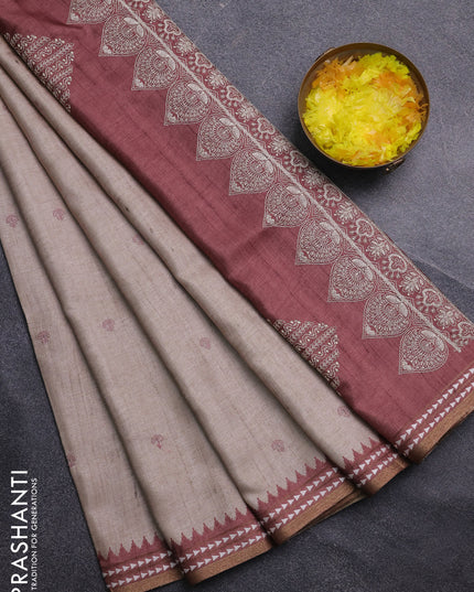 Art tussar saree beige and pastel maroon with embroidery buttas and temple design thread woven border